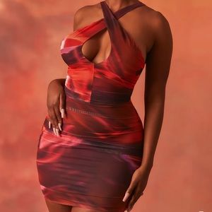 Oh Polly Crossover Ruched Mesh Mini Dress